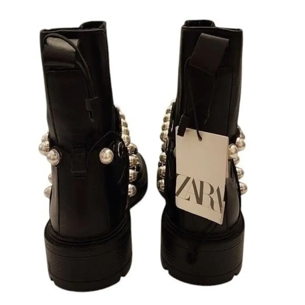 ZARA lug sole FLATFORM LEATHER ANKLE BOOTS WITH FAUX PEARL STRAPS size 39 8 new!